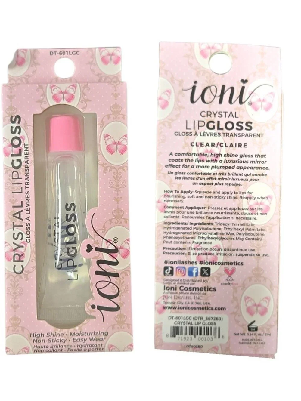 Ioni Crystal Lip Gloss Lot of 2– Clear with Pink Cap